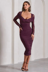 between the lines | plum ruched mesh long-sleeved bodycon midi dress