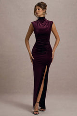 abilene | port velvet high-neck split maxi dress
