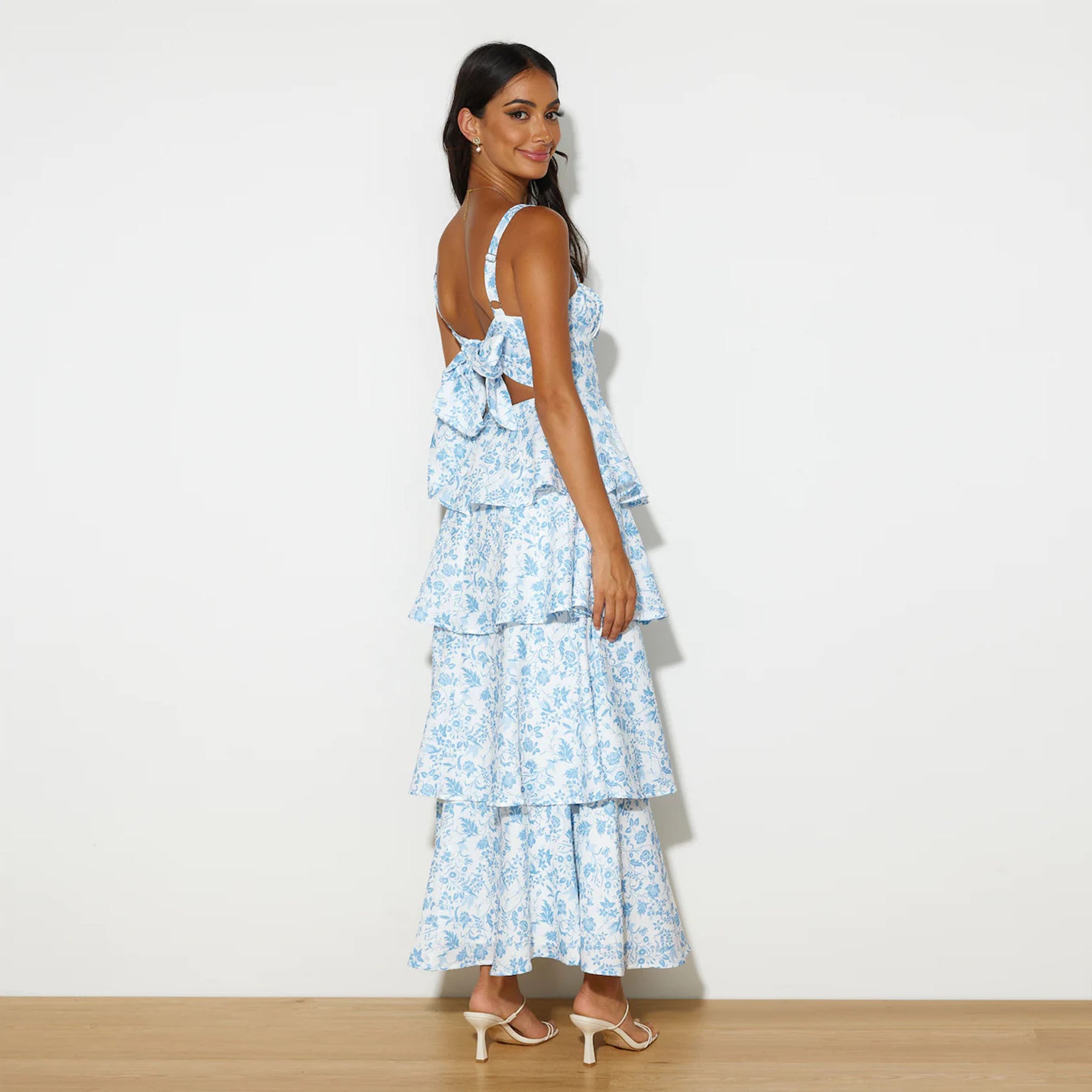 Lake Blue Printed Backless Maxi Dress – Elegant Vacation & Party Gown