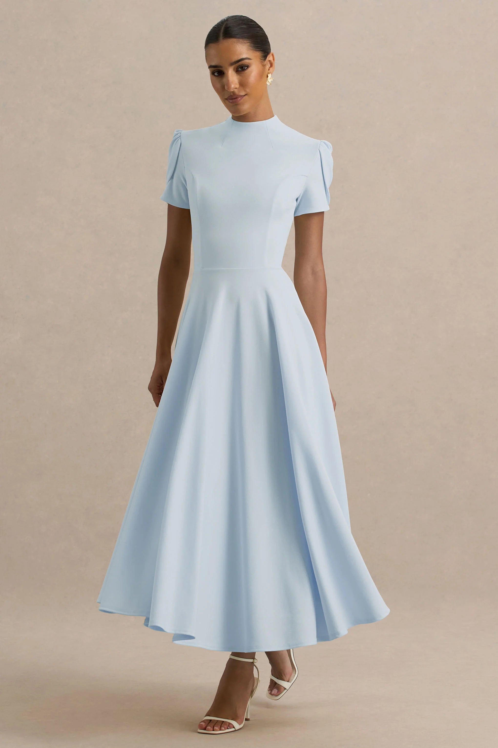 vicky | powder blue high neck midi dress with puff sleeves