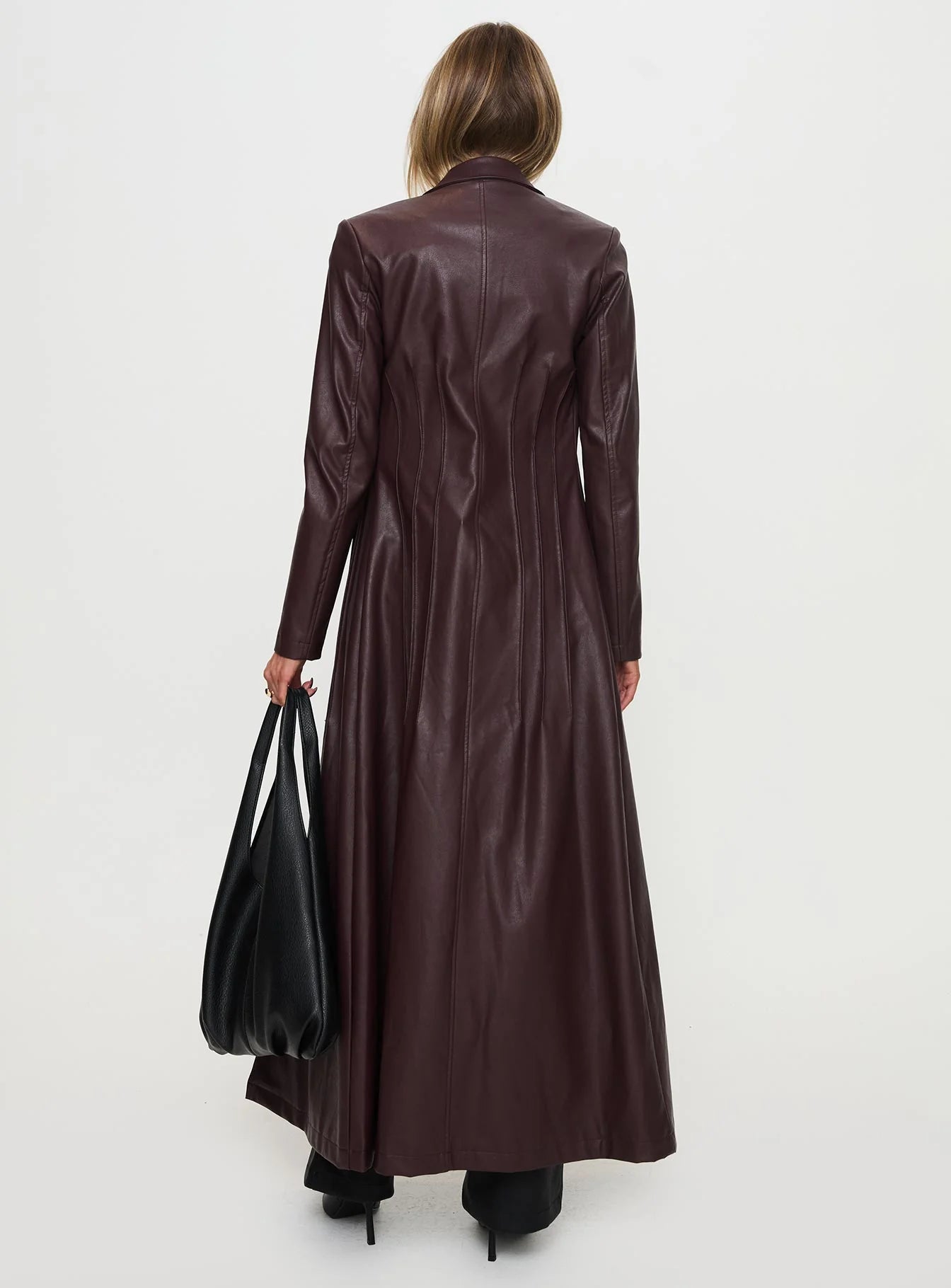 speak easy long line faux leather coat burgundy