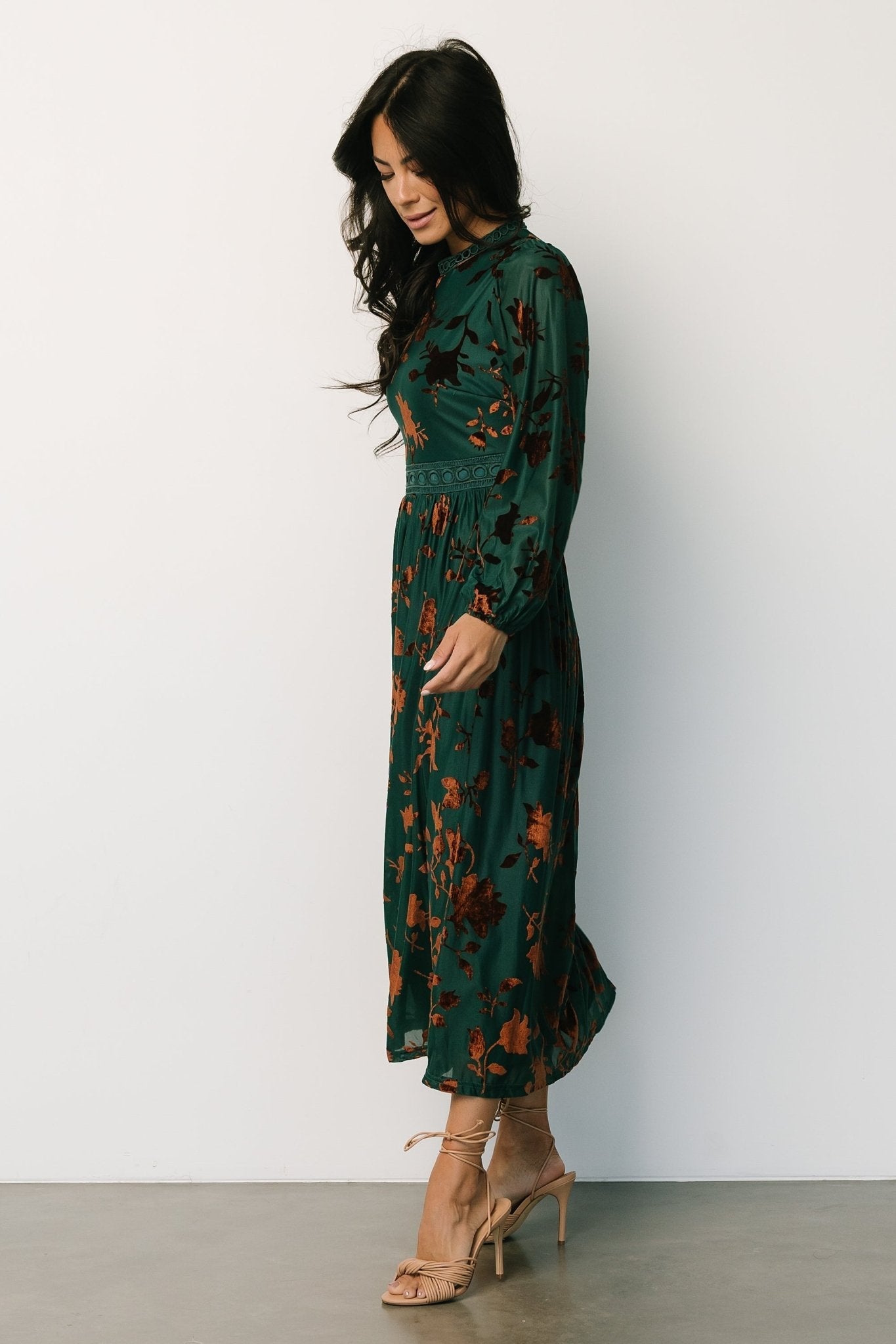 christine velvet embossed midi dress | jade