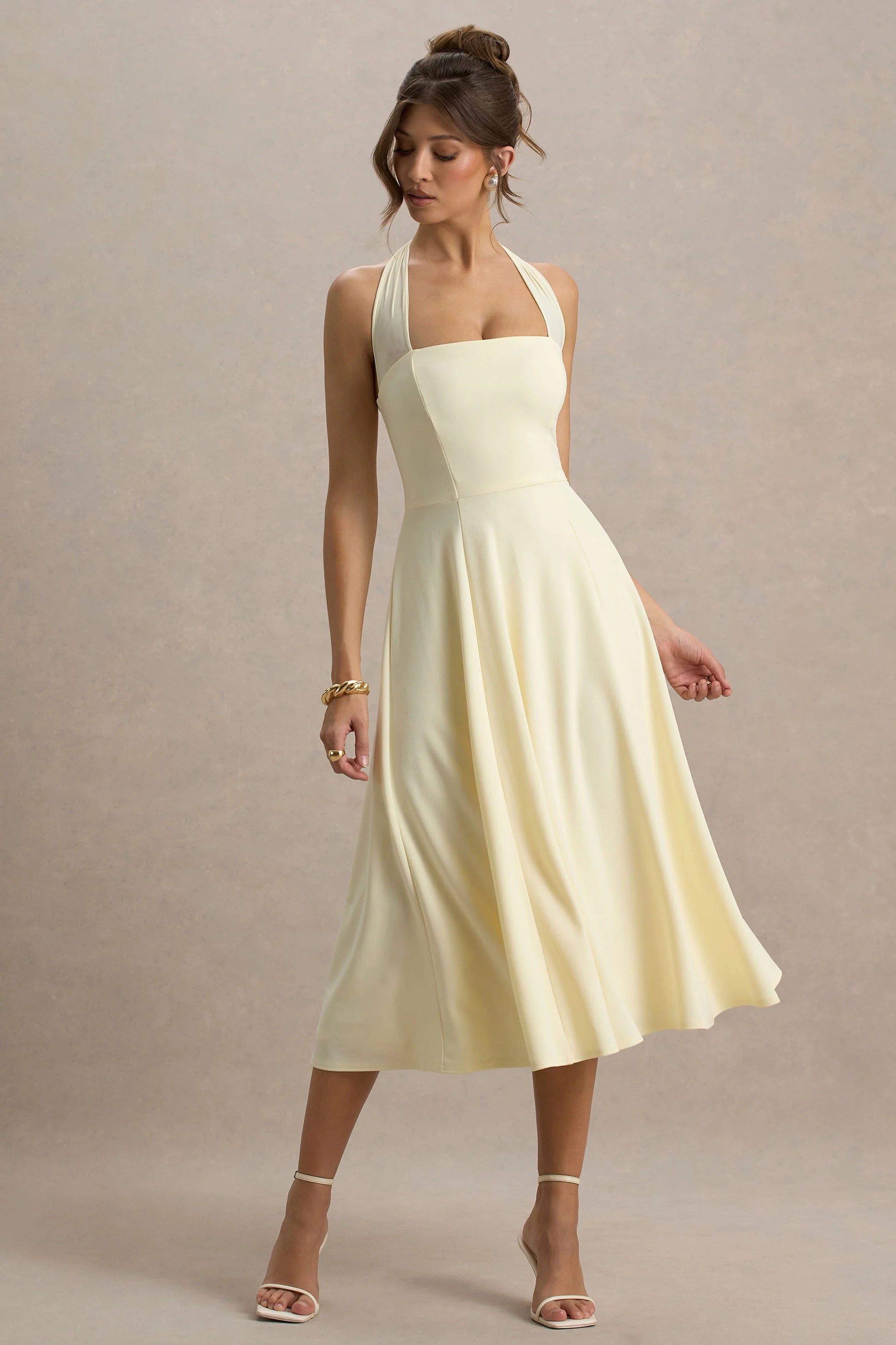 auburn | pale lemon halter-neck midi dress