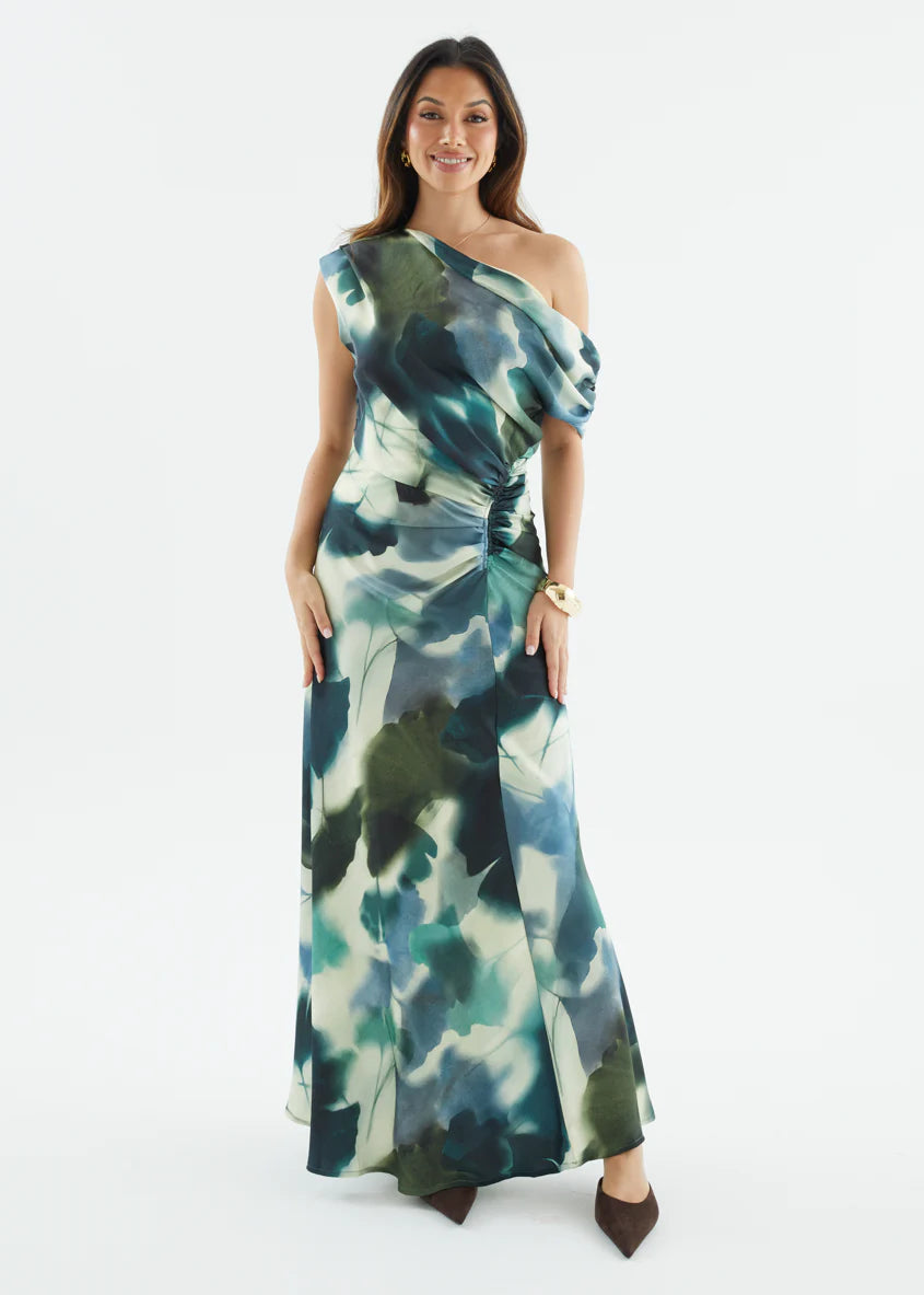 Flirtini One Shoulder Maxi Dress - Forest Abstract